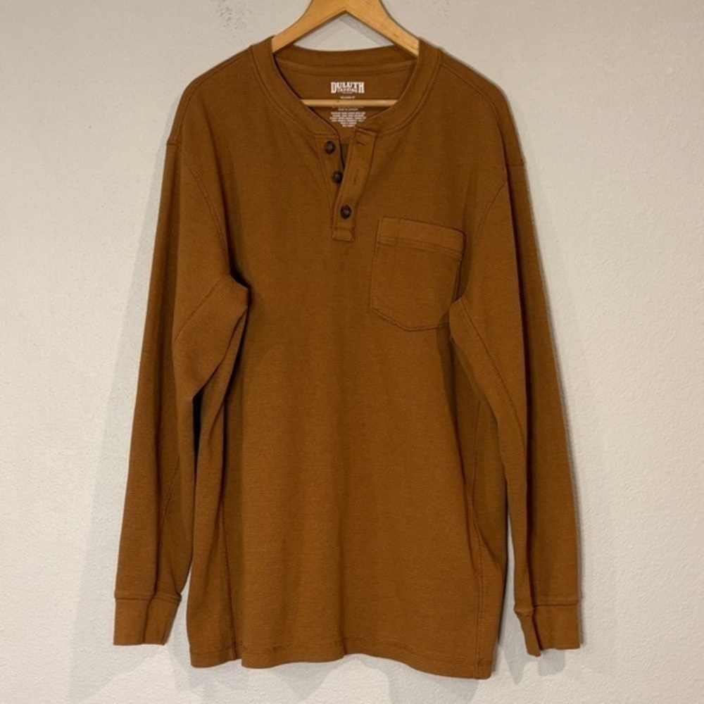 Duluth Trading Co waffle thermal cotton blend henley shirt cognac brown L